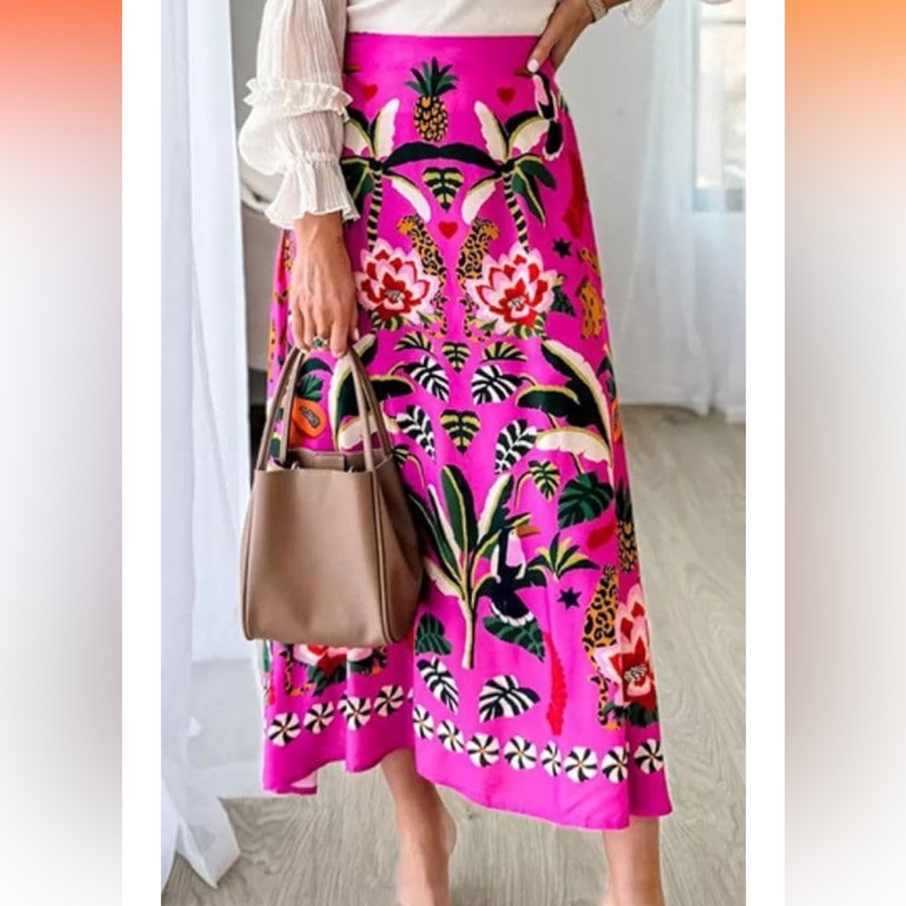 Tropical Print A-Line Midi Skirt